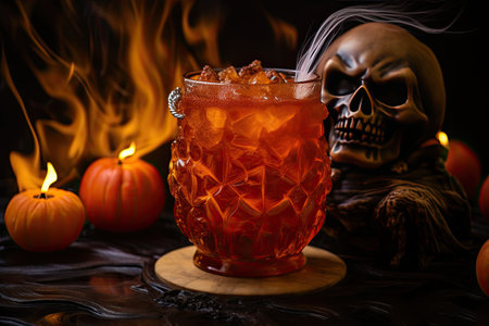 Halloween drink in glass with ice cube and creative garnish on black background with pumpkins and skull. close up. Generative AI.の素材