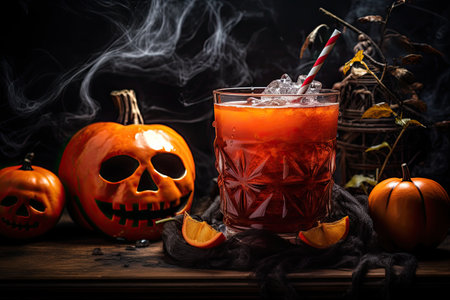 Halloween drink in glass with ice cube and creative garnish on black background with pumpkins and skull. close up. Generative AI.の素材