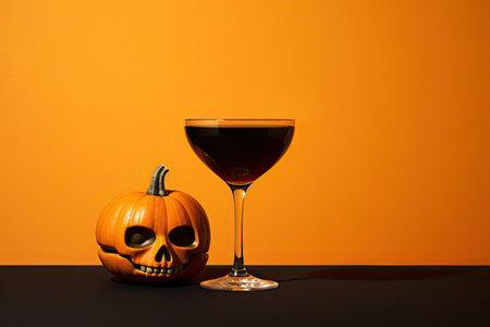Halloween wine or red mocktail on orange and black minimal background. copyspace. Generative AI.の素材