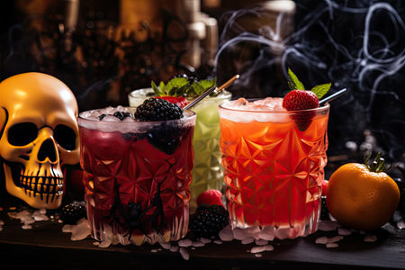 Different Halloween colorful drinks in glass with smoke, ice cube garnish berries on black background with pumpkins and candles for festive party . close up. Generative AI.の素材
