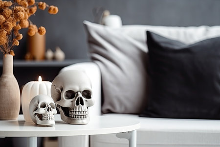 Halloween decorations in living room with couch, skull, pumpkin, candles. Creative modern white, black and orange design interior. close up. Generative AI.の素材