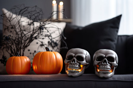 Halloween decorations in living room with couch, skull, pumpkin, candles. Creative modern interior design. close up. Generative AI.の素材