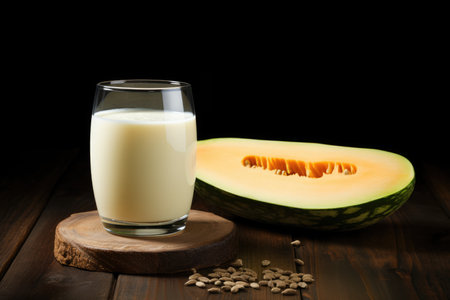Alternative melon seeds milk and seeds on dark background. Copy space. Healthy vegan plant based milk replacer, low in calories and weight control.の素材