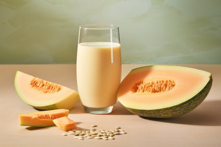 Alternative melon seeds milk and seeds on orange background. Copy space. Healthy vegan plant based milk replacer, low in calories and weight control. Generative AI.の素材