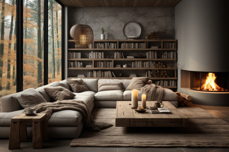 Cozy fall modern interior monochrome living room at contemporary house. Indoors. Generative AI.の素材