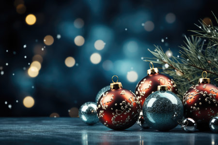 Christmas background with balls, Xmas tree decorations. Greeting card with copy space. Winter fairy tale. Merry Christmas.の素材