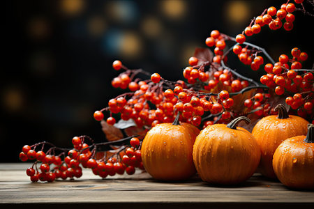 Thanksgiving Day and Autumn background with pumpkins and berries on wooden board. Copy space.の素材