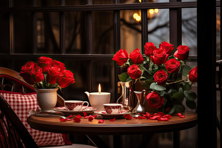 Valentines day table place setting in cafe. Generative AI.の素材