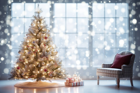 Christmas background with Xmas tree decorations in living room. Greeting card with copy space. Winter fairy tale. Merry Christmas.の素材