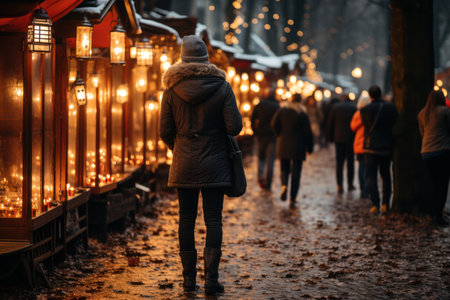 Xmas holiday. People walking Christmas market and festivities. Night city with lights garland.の素材