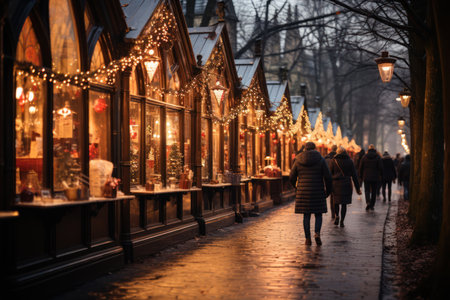 Xmas holiday. People walking Christmas market and festivities. Night city with lights garland.の素材