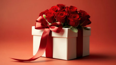 Red gift box and bouguet of red roses for Valentine Day or birthday. Copy space. Greeting card.の素材