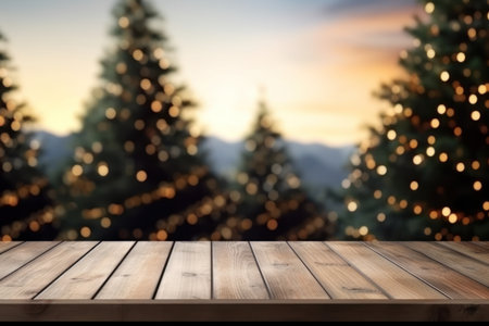 Empty wooden table top and blurred Christmas lights garland on Xmas tree as holiday background. Image for display your product.の素材
