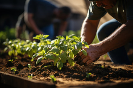 Gardener grow organic basil at garden bed. Sunny day, Summer harvest. Outdoors. Close up.の素材