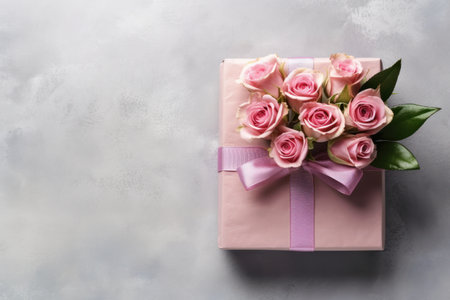 Pastel pink gift box and bouguet of roses on gray background. Copy space. Mothers Day. Greeting card with copy space.の素材