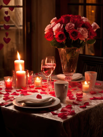 Romantic dinner, surprise for two at restaurant. Time together. Generative AI.の素材