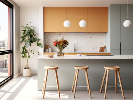 Interior of modern comfortable kitchen with window in bright and warm colors at large private house. Luxury kitchen interior.の素材