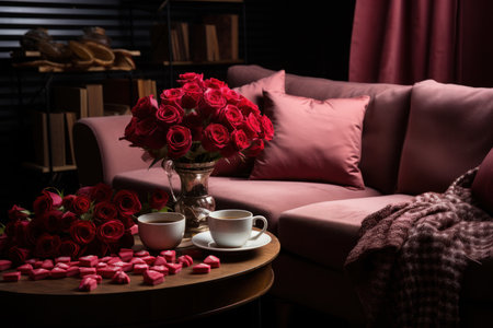 Valentines day date, romantic dinner with coffee, red rose, sweets for two in dark interior at home. Close up.の素材