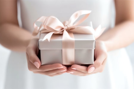 Woman wearing white dress holding white gift. Wedding. Close up.の素材