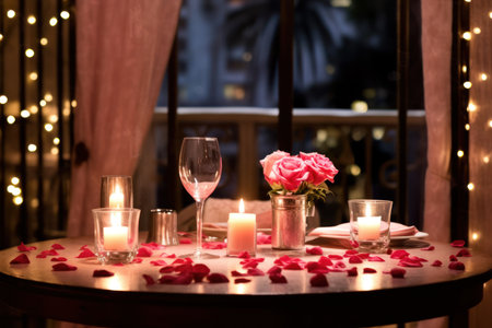 Valentines day table place setting with roses, candlelight and beautiful view on night city. Romantic dinner at cafe. Outdoors. Close up.の素材