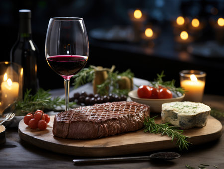 Delicious rosemary-infused grilled beef steak and red wine in glass on a restaurant table, fine dining concept with candlelights.の素材