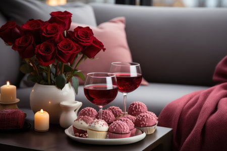 Valentines day romantic date with bouquet of red rose, candles, red wine and chocolate sweets at home. Close up.の素材