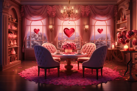 Modern living room decorated with rose petals for Valentines day. Festive table place setting with roses, candlelight.の素材