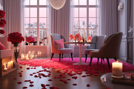 Modern living room decorated hearts, rose petals for Valentines day celebration. Festive table place setting with roses, candlelight.の素材