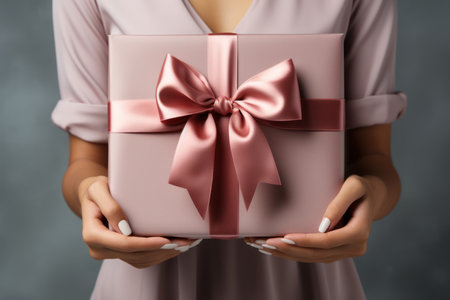 Beautiful pastel pink gift box in female hands. Close up. Birthday, Xmas or New Year present.の素材