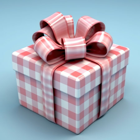 Christmas pink checkered gift with bow on blue background. Close up. 3D Xmas or New Year present.の素材