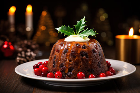 Delicious traditional Christmas Pudding or fruit cake for festive holiday. Close up. British cuisine. Dark background with lights garland.の素材
