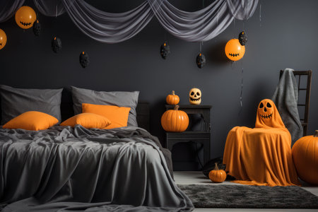 Halloween decorations in bedroom with black skulls, pumpkins, candles with gray bed sheet. Creative modern black and orange design interior.の素材