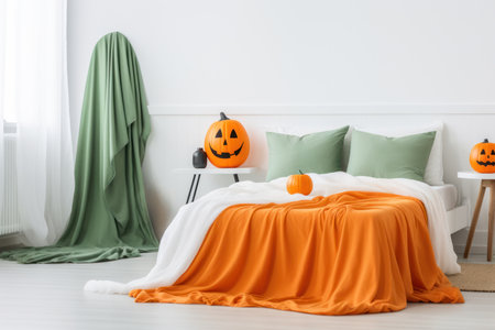 Halloween decorations in white bedroom with ghost, pumpkins, candles with white bed sheet. Creative modern design interior.の素材