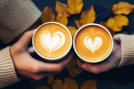 Two autumn coffee with hearts in hands for two with love. Cozy time in autumn. Close up.の素材
