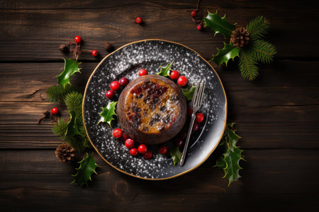 Delicious traditional Christmas Pudding or fruit cake for festive holiday. Top view. British cuisine. Dark background with lights garland.の素材