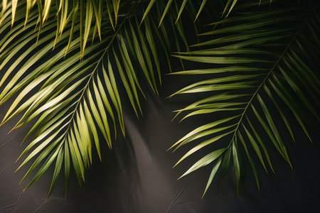 Green tropical tree palm leaves with sunny shadow on white wall as background. Shadows of leaves in sunlight. Copy space. Minimal stylish background for presentationの素材