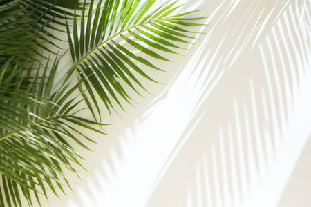 Green tropical tree palm leaves with sunny shadow on white wall as background. Shadows of leaves in sunlight. Copy space. Minimal stylish background for presentationの素材