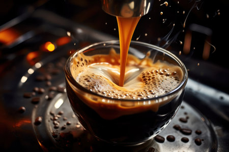 Making coffee and pouring hot espresso coffee in a glass cup. Close up.の素材