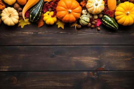 Delicious autumn meal, pumpkins, vegetables on dark wooden background. View from above. Copy space.の素材