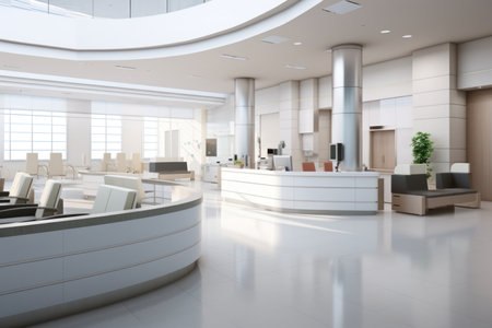 Hospital hallway. Medical waiting area with front desk. Empty waiting room in lobby with reception counter at medical facility, used to help patients with appointments and healthcare insurance.の素材