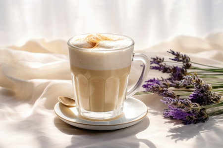 Latte coffee with lavender in glass cup on white table in sunny morning. Close up.の素材