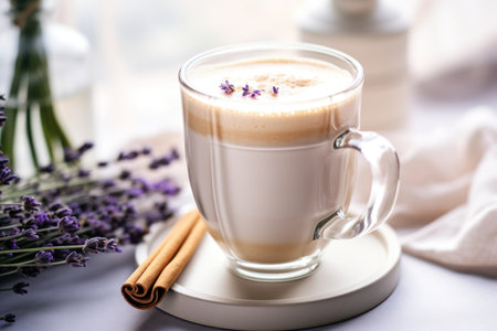 Homemade cappuccino raf coffee with lavender in glass cup on white table in sunny morning. Close up.の素材