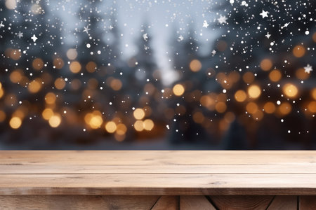 Christmas snowy holiday background with evergreen branches of spruce and empty wooden table top.の素材