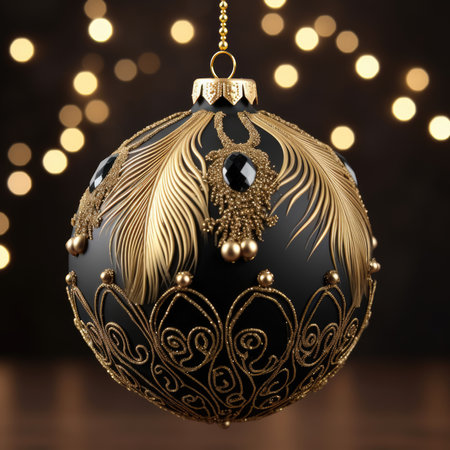Christmas stylish glamor and luxury black bauble with golden feathers isolated on black background. Close up. Happy New Year. Xmas holiday.の素材