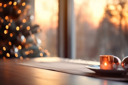 Empty wooden table top with cozy candles, blurred Christmas tree against window. Xmas holiday background. Image for display your product.の素材