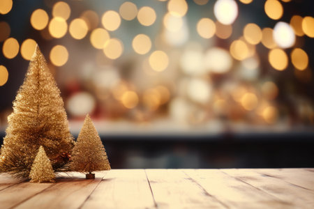 Empty wooden table top and blurred Christmas holiday background with lights garland. Image for display your product.の素材