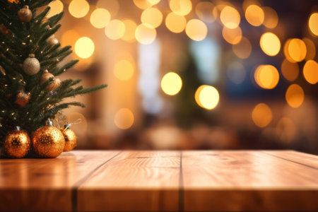 Empty wooden table top and blurred Christmas holiday background with golden balls, lights garland. Image for display your product.の素材