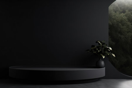 Modern black pedestal podium and wall. Luxury minimal scene for product display presentation.の素材
