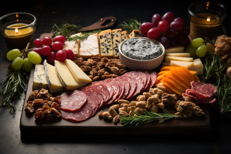 Christmas graze board with blue cheese, rosemary, nuts, grape, cranberry. Assorted cheese and meat appetizers. Charcuterie board of selection of meats, and appetizers on black background.の素材