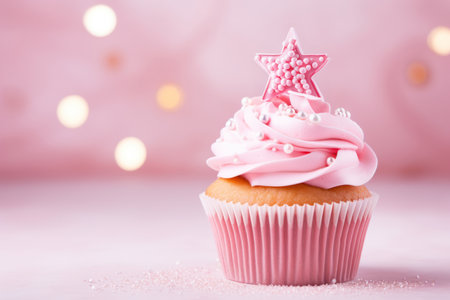 Christmas delicious treat cupcake or muffin with pink whipped cream and silver star on pink background. Xmas homemade dessert. Greeting card.の素材